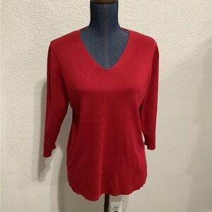 Dressbarn Red V-Neck Quarter Sleeve Ribbed Knit Sweatshirt Top Women's 14/16